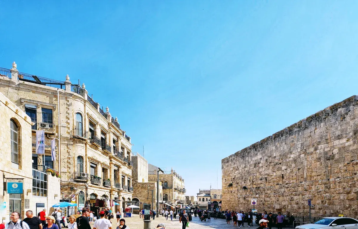 City wall and square at Jaffa Gate, the usual start of a Jerusalem Old City tour