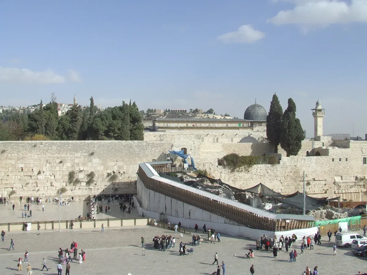 Mughrabi ramp and Al-Aqsa Mosque above the Western Wall plaza in the Old City of Jerusalem